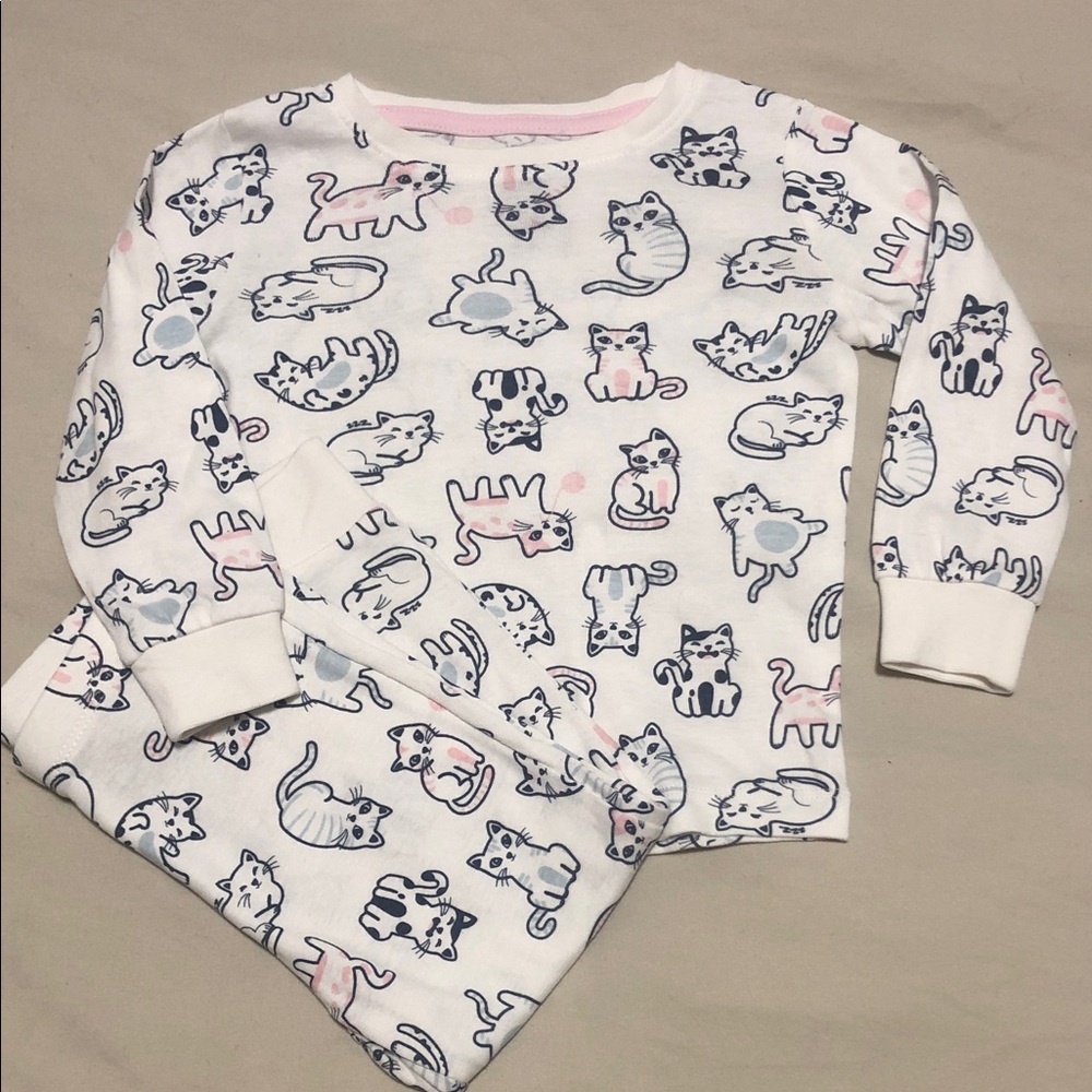 George White Kids Pajama Set with Navy, Pink & Light Blue Cat Print